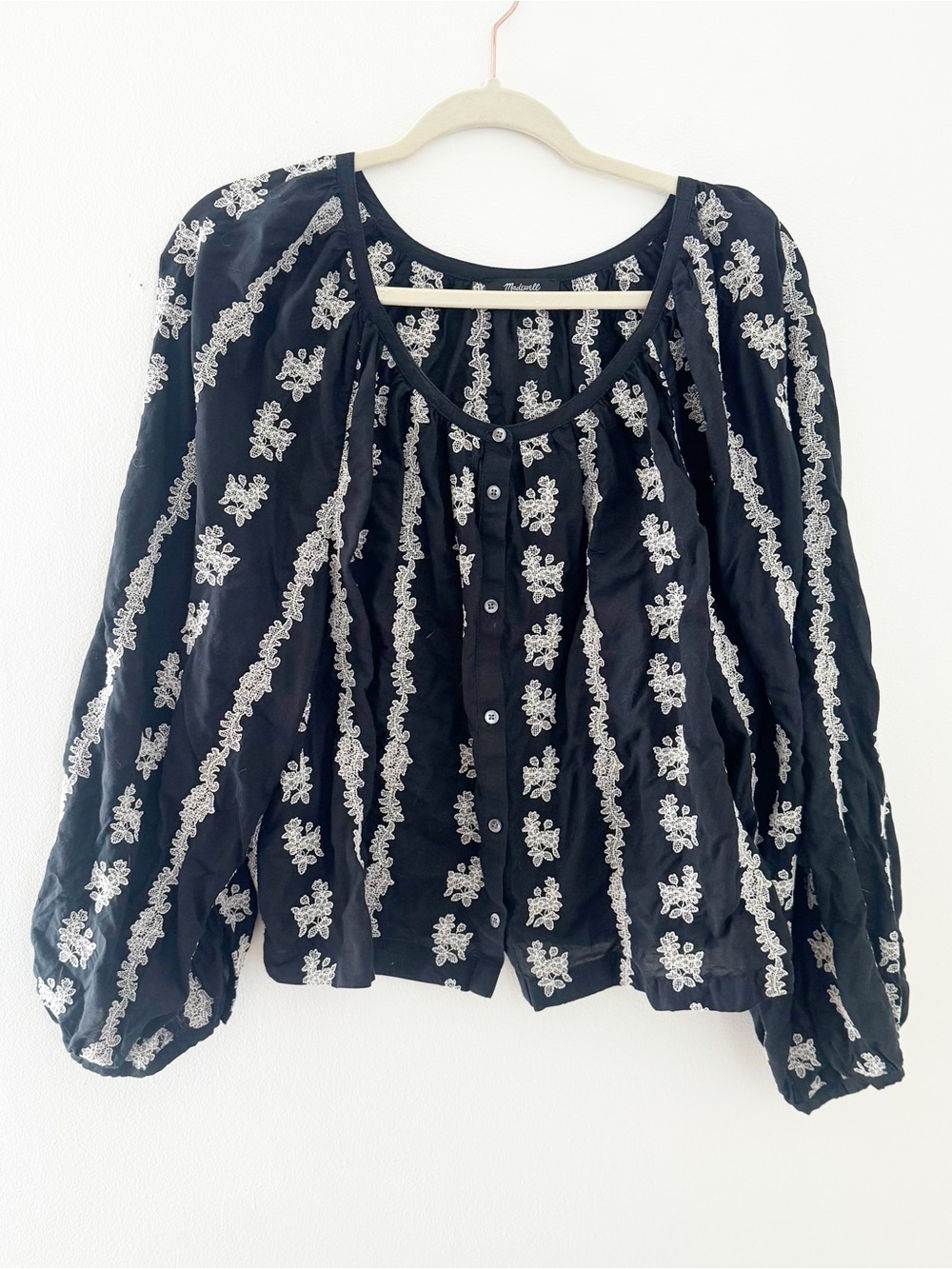 Madewell Black Embroidered Long Sleeve Button-Front Blouse - Size XL